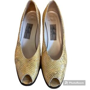 Vintage Amalfi Leather Yellow Snakeskin Open Toe Heels Sz-8-AA